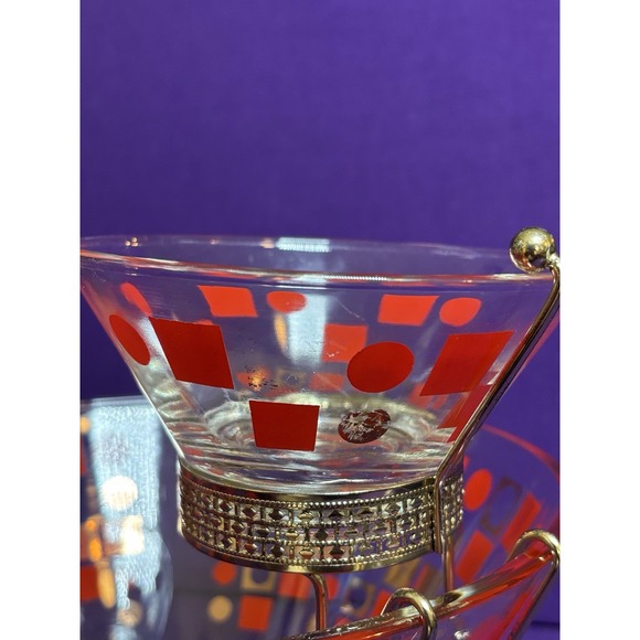 MCM Vtg Anchor Hocking 2 Tier Chip and Dip Bowl Set Geometric Red Gold - Picture 5 of 8